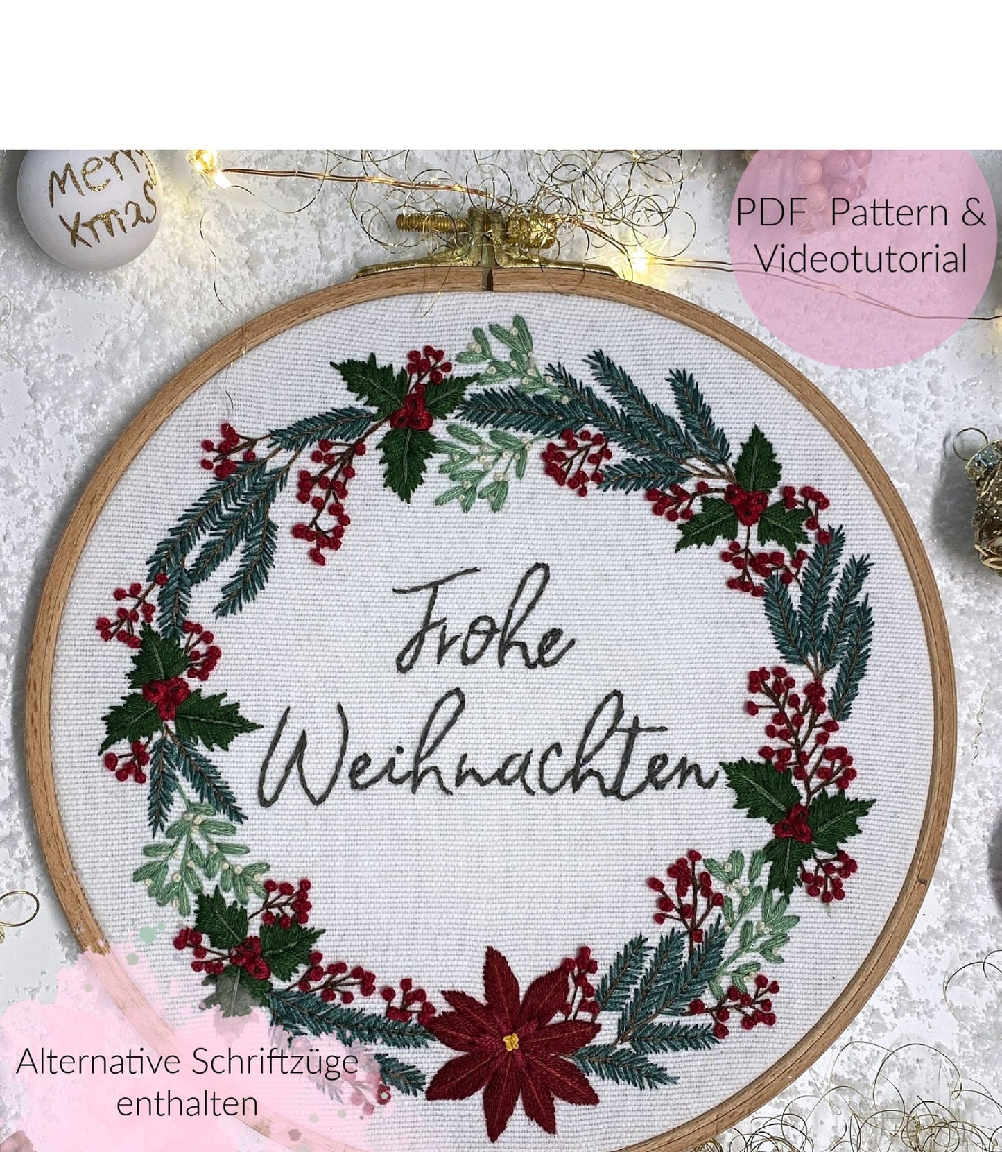 Stickvorlage, Weihnachten, Weihnachtskranz, Christmas Wreath, Sticken, Stickbild, Anleitung zum Sticken