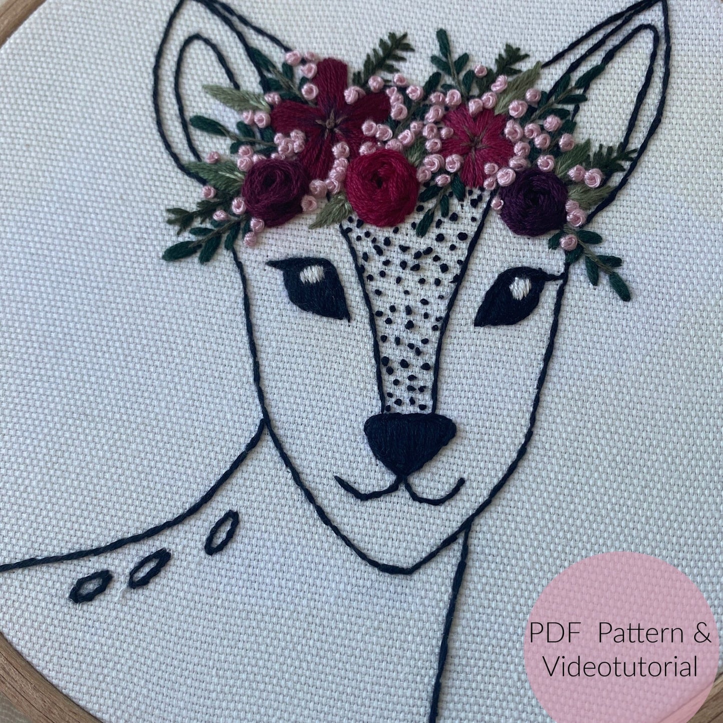 Stickvorlage Reh mit Blumenkranz, Stickbild, Sticken Anfänger, Embroidery Pattern, Kinderzimmer