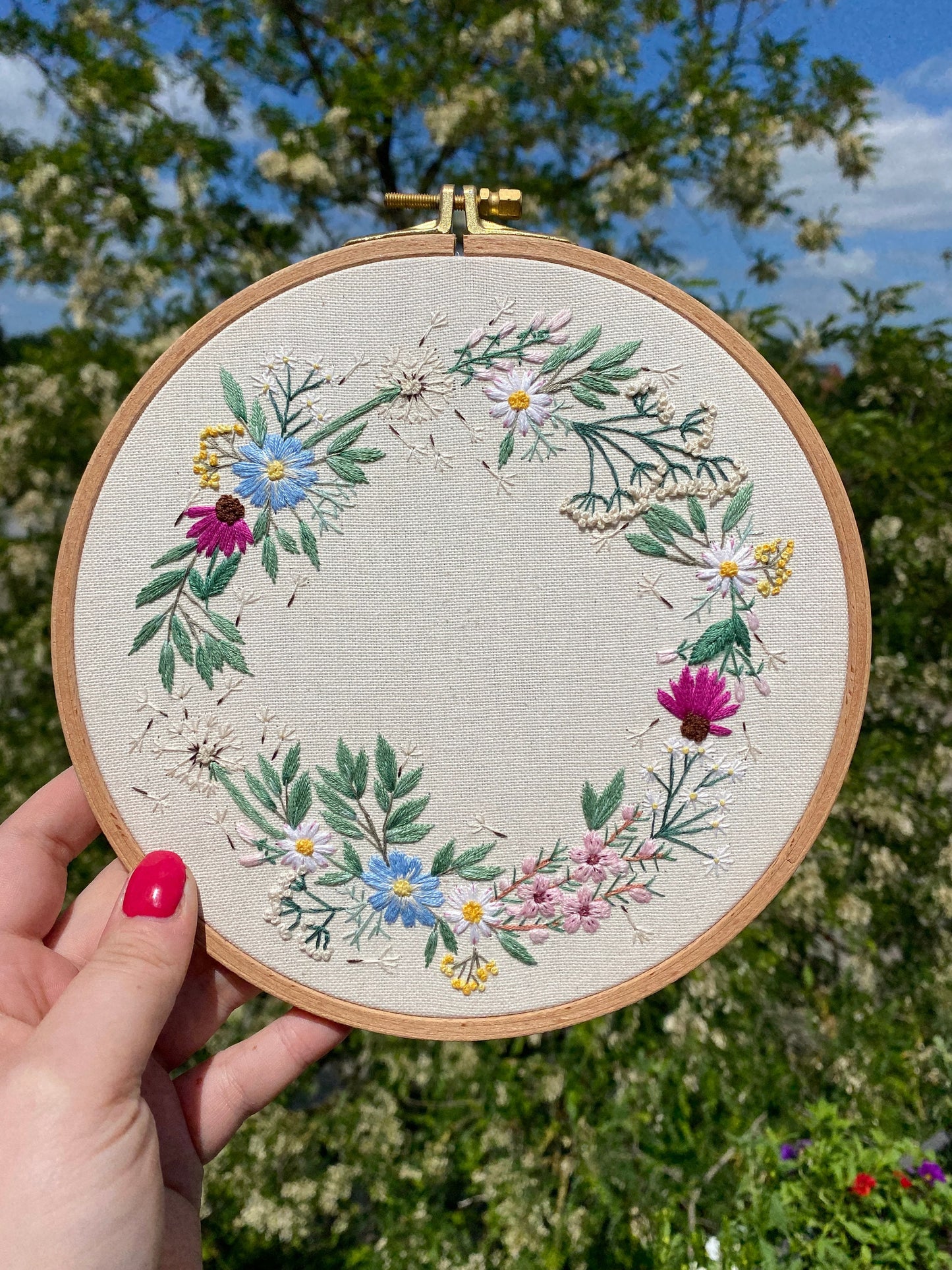 Stickvorlage, Wildblumenkranz, Hochzeit, Ringkissen, Geschenk, Sticken, individuelles Geschenk, Modern Embroidery, Stickbild, Sommerkranz