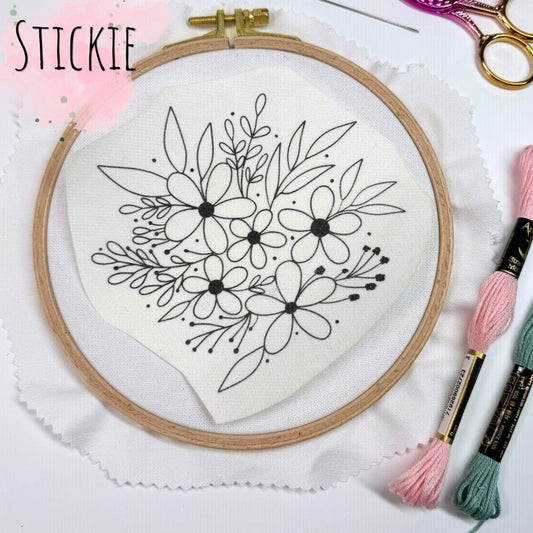 Wasserlöslcihes Stickvlies Aufkleber. Auf dem Bild sieht man rosa Stickgarn, eine Stickschere, einen Stickrahmen mit vielen Blumen in der Mitte. 