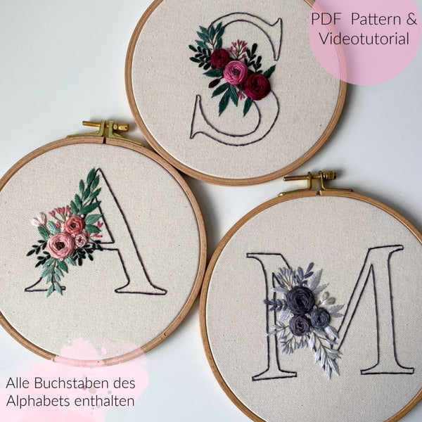 Stickvorlage Alphabet, Buchstaben, Floraler Buchstabe, Blumen Buchstabe, Sticken, Modern Embroidery, Stickbild, Monogramm