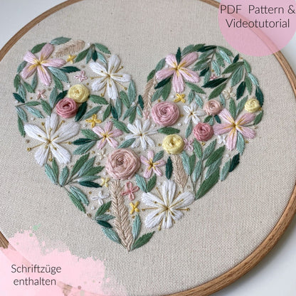 Stickvorlage, Blumenherz, Ringkissen, Hochzeitsgeschenk, Sticken, Stickbild, Anleitung zum Sticken, individuell