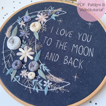 Stickvorlage, Boho, Mond, I love you to the moon and back, Sticken lernen, Stickbild, Sticken, personalisierbar