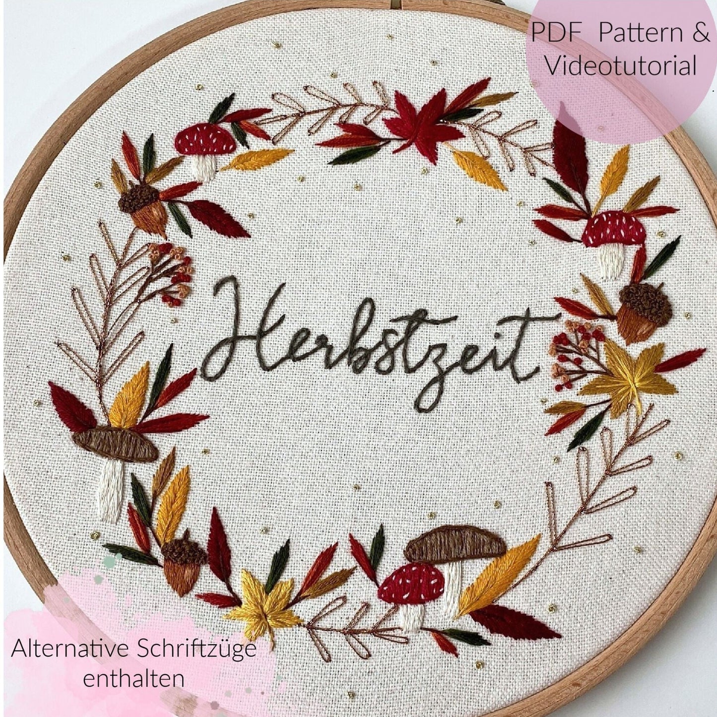 Stickvorlage, Herbstkranz, Pilz, Herbst, Herbstdekoration, Sticken, Stickbild, Moderne Stickerei, Pilzkranz