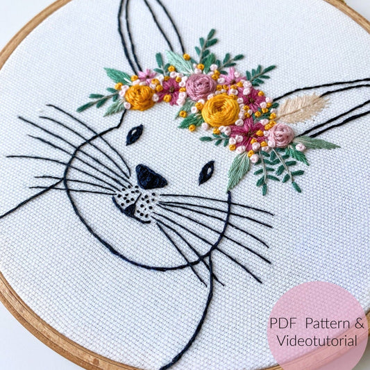 Stickvorlage, Osterhase, Hase mit Blumenkranz, Hase, Stickbild, Sticken Anfänger, Embroidery Pattern, Kinderzimmer, Anleitung Sticken