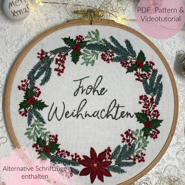 Stickvorlage, Weihnachten, Weihnachtskranz, Christmas Wreath, Sticken, Stickbild, Anleitung zum Sticken