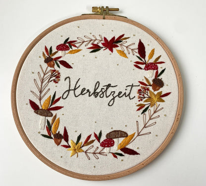 Stickvorlage, Herbstkranz, Pilz, Herbst, Herbstdekoration, Sticken, Stickbild, Moderne Stickerei, Pilzkranz